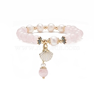 Natural Rose Quartz & Pearl Stretch Bracelet, Alloy Enamel Shell Charms Bracelet for Women, Inner Diameter: 2 inch(5cm)(BJEW-JB09224-01)