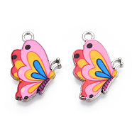 Printed Alloy Pendants, with Enamel, Butterfly, Platinum, Pink, 24.5x16x2mm, Hole: 2mm(X-PALLOY-R111-26B)