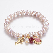 Natural Pearl Charm Bracelets, with Acrylic Beads and 304 Stainless Steel Findings, Cross, Golden, Misty Rose, 2-1/8 inch(55mm)(BJEW-K197-02B)