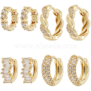 4 Pairs 4 Style Clear Cubic Zirconia Rectangle & Twist Rope Shape Hoop Earrings, Real 18K Gold Plated Brass Jewelry for Women, Real 18K Gold Plated, 12~16x12~15.5x3.5~5mm, Pin: 0.8~1mm, 1 Pair/style(EJEW-BBC0001-18)