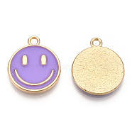 Light Gold Tone Alloy Enamel Pendants, Flat Round with Smiling Face Charms, Medium Orchid, 19x16x1.5mm, Hole: 1.8mm(ENAM-N056-197G)