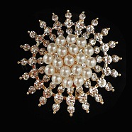 Imitation Pearl Alloy Flower Brooch, with Crystal Rhinestone, Golden, 50mm(PW-WG23175-01)