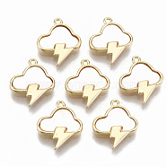 Natural Freshwater Shell Charms, with Brass Findings, Cloud with Lightning Bolt, Nickel Free, Real 18K Gold Plated, 13.5x11x2mm, Hole: 1mm(KK-R114-11-NF)