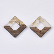Transparent Resin & Walnut Wood Pendants, with Gold Foil, Waxed, Rhombus, Gold, 27.5x27.5x3~4mm, Hole: 2mm(X-RESI-S367-15-A01)