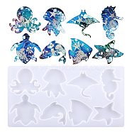 DIY Sea Animal Ornament Silhouette Silicone Molds, Resin Casting Molds, For UV Resin, Epoxy Resin Craft Making, Octopus, Sea Horse, Sea Turtle, Fish, Jellyfish, Starfish, Manta, Dolphin, White, 134x257x8mm(ZODI-PW0001-022)