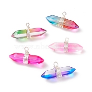 Glass Pendants, Wire Wrapped Pendants, with Brass Findings, Bullet, Silver, Mixed Color, 16x33x10mm, Hole: 2mm(PALLOY-JF01740-01)