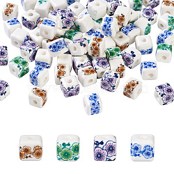 72Pcs 4 Color Handmade Porcelain Ceramic Beads Strands, Flower Printed, Cube, Mixed Color, 9x9x9mm, Hole: 2.5mm, 18pcs/color(PORC-FW0001-01)