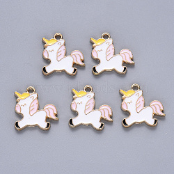 Alloy Enamel Pendants, Unicorn, Light Gold, Pink, 18x18x1.5mm, Hole: 2mm(ENAM-N054-013B)