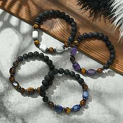 Natural Mixed Gemstone Cuboid & Lava Rock Round Beaded Stretch Bracelet, Inner Diameter: 2-1/4 inch(5.6cm)(BJEW-JB09795)