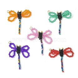 Glass Pendants, with 304 Stainless Steel Finding, Dragonfly Charms, Mixed Color, 39~43x30~33x2mm, Hole: 3mm(PALLOY-MZ00164)