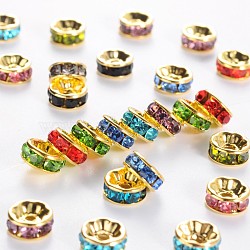 Brass Grade A Rhinestone Spacer Beads, Golden Plated, Rondelle, Nickel Free, Mixed Color, 8x3.8mm, Hole: 1.5mm(RSB038NFG)