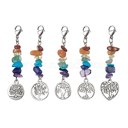 Chakra Gemstone Chips Pendant Decorations, Alloy Pendants and 304 Stainless Steel Clasp Charm, Flat Round/Heeart with Tree of Life, 6.5cm(HJEW-JM01268)
