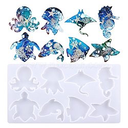 DIY Sea Animal Ornament Silhouette Silicone Molds, Resin Casting Molds, For UV Resin, Epoxy Resin Craft Making, Octopus, Sea Horse, Sea Turtle, Fish, Jellyfish, Starfish, Manta, Dolphin, White, 134x257x8mm(ZODI-PW0001-022)