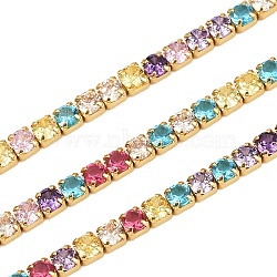 925 Sterling Silver Colorful Cubic Zirconia Chains, for Tennis Bracelets Necklaces Making, for Tennis Bracelets Necklaces Making, Real 18K Gold Plated, 3x3mm(STER-C016-02B-G01)