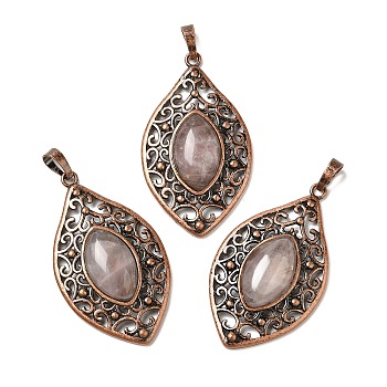 Natural Rose Quartz Pendants, Brass Horse Eye Charms, Red Copper, Lead Free & Cadmium Free, 48x28x7.5mm, Hole: 8x5mm