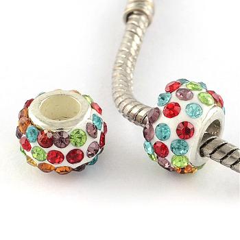Handmade Polymer Clay Rhinestone European Beads, Large Hole Rondelle Beads, with Silver Color Plated Brass Single Cores, Colorful, 11~12x7~7.5mm, Hole: 5mm