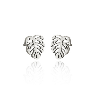 304 Stainless Steel Stud Earrings, Stainless Steel Color, Leaf, 9x8mm