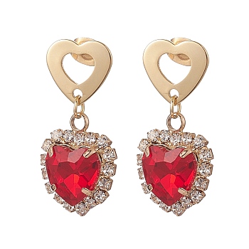 Glass Heart Dangle Stud Earrings, Golden 316 Stainless Steel Jewelry for Women, Red, 30mm, Pin: 0.7mm
