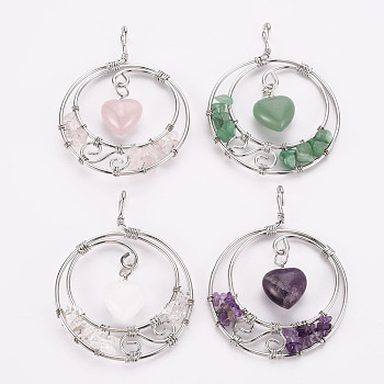 Natural Mixed Gemstone Big Pendants, Wire Wrapped Pendants, with Platinum Brass Wires, Flat Round with Heart, 63.5x49~50x9.5mm, Hole: 4mm