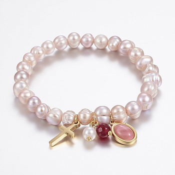 Natural Pearl Charm Bracelets, with Acrylic Beads and 304 Stainless Steel Findings, Cross, Golden, Misty Rose, 2-1/8 inch(55mm)