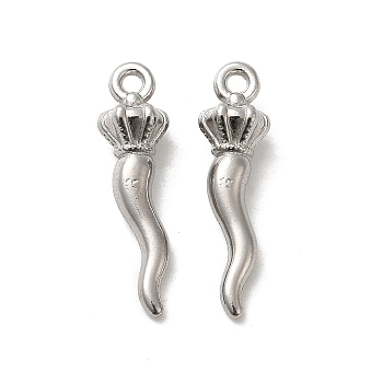 304 Stainless Steel Pendants, Horn of Plenty/Italian Horn Cornicello Charms, Stainless Steel Color, 19.5x5x4.5mm, Hole: 1.2mm
