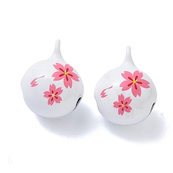 Baking Paint Brass Bell Pendants, Ball with Sakura, White, 23x18x18mm, Hole: 2.5mm