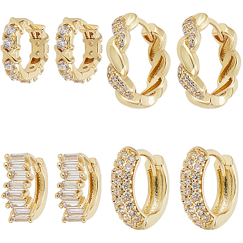 4 Pairs 4 Style Clear Cubic Zirconia Rectangle & Twist Rope Shape Hoop Earrings, Real 18K Gold Plated Brass Jewelry for Women, Real 18K Gold Plated, 12~16x12~15.5x3.5~5mm, Pin: 0.8~1mm, 1 Pair/style