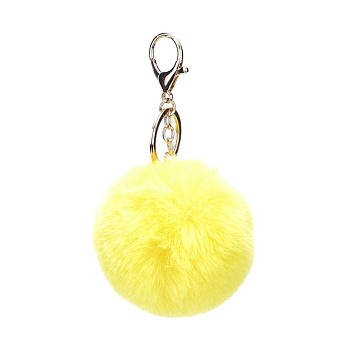 Pom Pom Ball Keychain, with Alloy Lobster Claw Clasps and Iron Key Ring, for Bag Decoration,  Keychain Gift and Phone Backpack , Light Gold, Yellow, 138mm