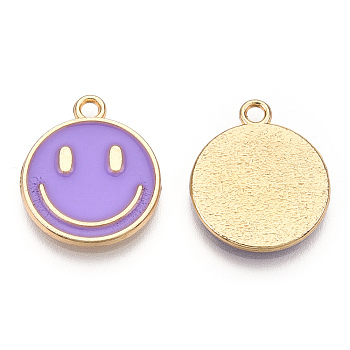 Light Gold Tone Alloy Enamel Pendants, Flat Round with Smiling Face Charms, Medium Orchid, 19x16x1.5mm, Hole: 1.8mm
