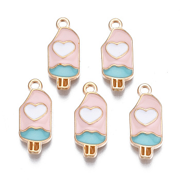 Rack Plating Alloy Enamel Pendants, Light Gold, Cadmium Free & Nickel Free & Lead Free, Ice Cream, Pink, 20.5x8.5x2mm, Hole: 1.6mm