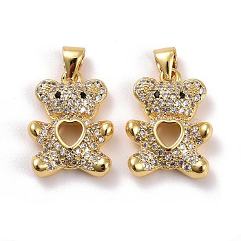 Brass Micro Pave Cubic Zirconia Pendants, Real 18K Gold Plated, Lead Free & Cadmium Free, Bear with Hollow Heart, Clear, 19.5x14.5x4mm, Hole: 4x3.5mm