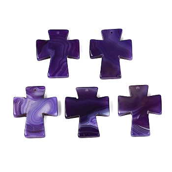 Natural Agate Pendants, Religion Cross Charms, Dyed & Heated, Purple, 47.5~48.5x40~41x7mm, Hole: 2mm