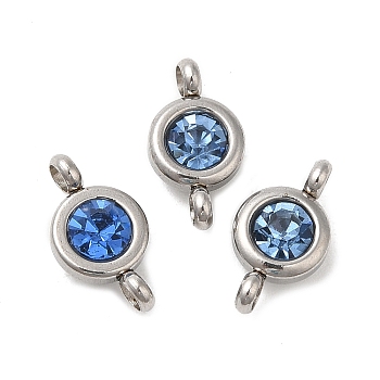 304 Stainless Steel Single Rhinestone Connector Charms, Flat Round Links, Stainless Steel Color, Aquamarine, 12x6.5x4mm, Hole: 2mm
