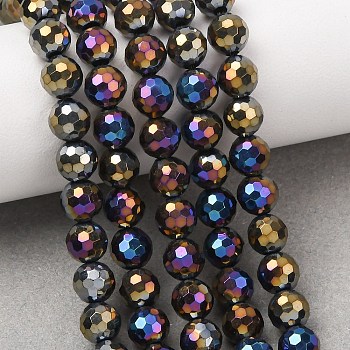 Electroplated Natural Agate Beads Strands, Round, Faceted, Rainbow Plated, 6~6.5mm, Hole: 0.8~1mm, about 63~65pcs/strand, 15''~15.24''(38.1~38.7cm)