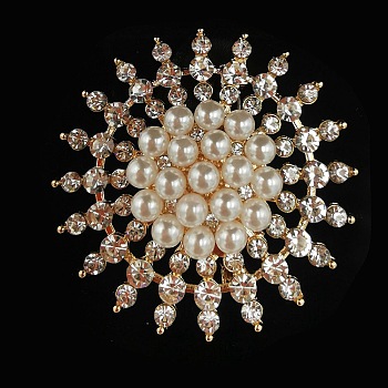 Imitation Pearl Alloy Flower Brooch, with Crystal Rhinestone, Golden, 50mm