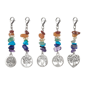 Chakra Gemstone Chips Pendant Decorations, Alloy Pendants and 304 Stainless Steel Clasp Charm, Flat Round/Heeart with Tree of Life, 6.5cm