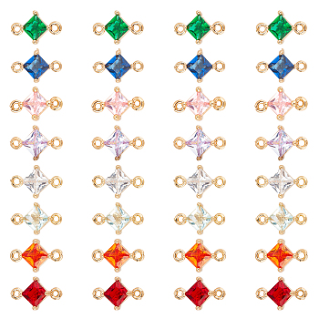Transparent Glass Links Connectors, with Brass Findings, Faceted, Rhombus, Light Gold, Mixed Color, 11x7x4mm, Hole: 1mm, Side Length: 5mm, 8 colors, 4pcs/color, 32pcs/box