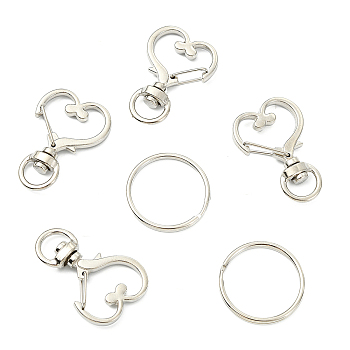10Pcs Heart Shape Zinc Alloy Swivel Lobster Clasps, Swivel Snap Hook, with 10Pcs Iron Split Key Rings, Platinum, 34.5x23.5x6mm, Hole: 5x9mm