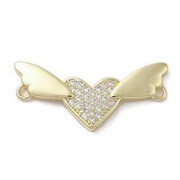 Brass Micro Pave Clear Cubic Zirconia Connector Charms, Long-Lasting Plated, Valentine's Day Heart Links with Wings, Golden, 13x27.5x2mm, Hole: 1.4mm