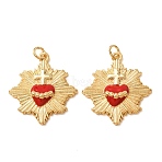 Brass Pendants, with Red Enamel, Sacred Heart with Cross Charms, Rack Plating, Long-Lasting Plated, Lead Free & Cadmium Free, Real 18K Gold Plated, 26.5x24x4mm, Hole: 3mm(KK-CBA2F11-13B-G)