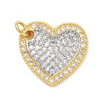 Brass Micro Pave Cubic Zirconia Pendants, Heart Charms, Long-Lasting Plated, Rack Plating, Lead Free & Cadmium Free, with Jump Ring, Real 18K Gold Plated, 16x17x3mm(KK-H539-07GP)