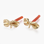 Brass Stud Earring Findings, Cadmium Free & Nickel Free & Lead Free, with Loop, Raw(Unplated) Silver Pins and Plastic Protector, Real 18K Gold Plated, Bowknot, 16x8mm, Hole: 1.5mm, Pin: 0.7mm(KK-S348-114)