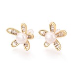 Flower Brass Micro Pave Cubic Zirconia Stud Earrings, with Natural Pearl & 925 Sterling Silver Pins, Long-Lasting Plated, Real 18K Gold Plated, 18.5x20mm(PEAR-N017-07H)