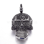 316 Surgical Stainless Steel Big Pendants, with Rhinestones, Skull, Antique Silver, 62.5x34x15mm, Hole: 12mm(STAS-P056-04AS)