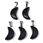 Spray Painted Glass Pendants, with Platinum Plated Brass Bails, Imitation Jade, Moon Charms, Black, 21.5x10.5x6mm, Hole: 4mm(GLAA-N035-021-H01)