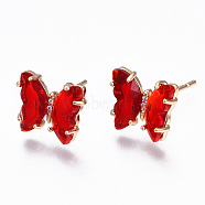 Cubic Zirconia Butterfly Stud Earrings with Glass, Brass Jewelry for Women, Long-Lasting Plated, Light Gold, Red, 10x11.5mm, Pin: 0.7mm(KK-S365-003B)