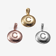 Brass Pendants, with Cubic Zirconia, Cadmium Free & Lead Free, Flat Round with Letter, Mixed Color, Letter.C, 22mm, Hole: 2x3mm, Pendant: 15x3mm(KK-K194-C-RS)