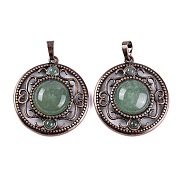 Natural Green Aventurine Pendants, Rack Plating Brass Hollow Flat Round Charms, Cadmium Free & Lead Free, Red Copper, 36.5x33x9.5mm, Hole: 7.5x5mm(G-Q158-03-08)