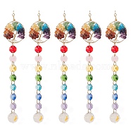 Chakra Octagon Glass Beaded Pendant Decorations, Suncatchers, Rainbow Maker, with Gemstone, Clear Faceted Glass Pendants, Flat Round with Tree of Life, Real 18K Gold Plated, 355mm, Hole: 10mm(HJEW-JM00835)