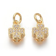 Brass Micro Pave Cubic Zirconia Charms, Lead Free & Cadmium Free, Clear, Clover, Golden, 9.5x7x3.5mm, Hole: 3mm(ZIRC-J021-11G-RS)